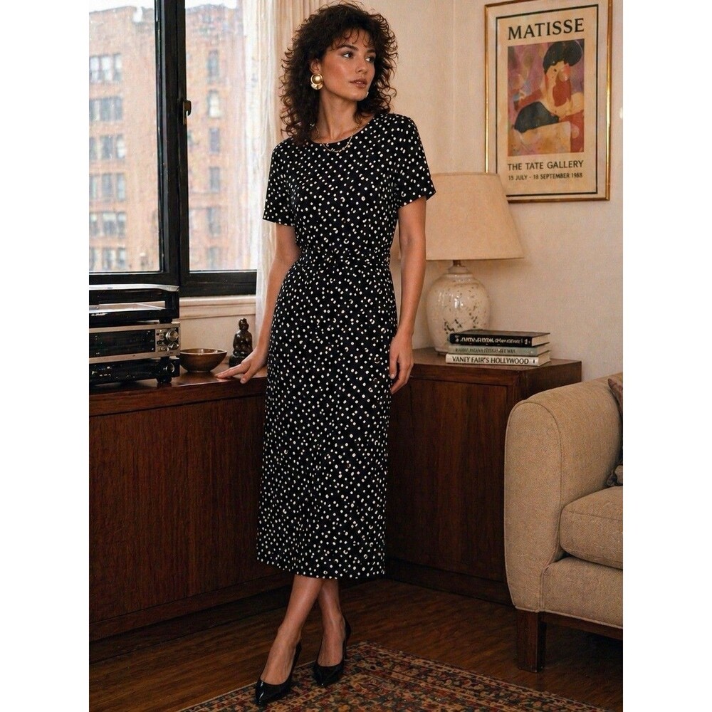 Vintage Stuart Alan Black Midi Dress Collared Size Small Polka Dot Belt